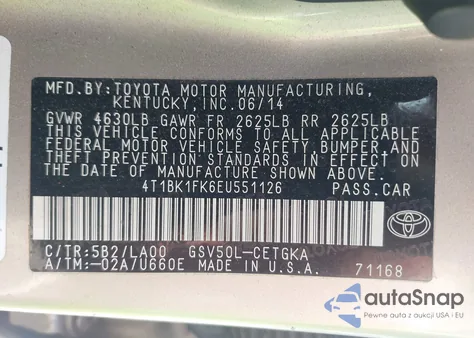 2014 Toyota Camry Xle V6 z USA, uszkodzony, nr VIN 4T1BK1FK6EU551126